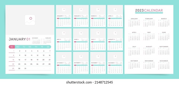 2023 year calendar template with notes and place for photo or brand image. Vector 2023 planner organizer with free copy space and notes space.	