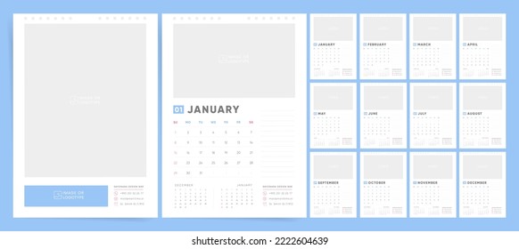 2023 year calendar template with notes and place for photo or brand image. Vector 2023 planner organizer with free copy space and notes space.