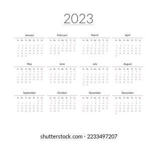 2023 year calendar template. Vector illustration.