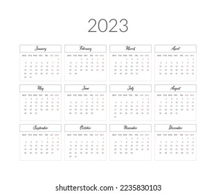 2023 year calendar template. Vector illustration.