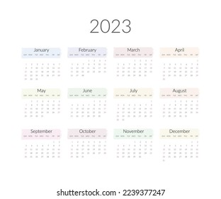 2023 year calendar template. Vector illustration.