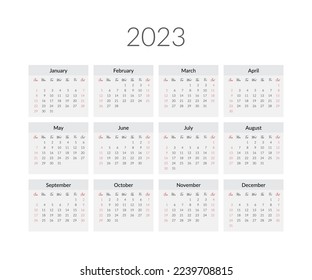 2023 year calendar template. Vector illustration.