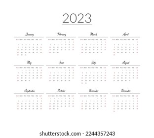 2023 year calendar template. Vector illustration.