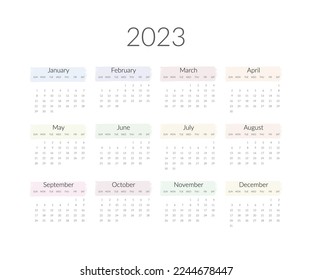 2023 year calendar template. Vector illustration.