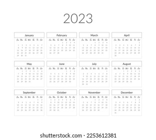 2023 year calendar template. Vector illustration.
