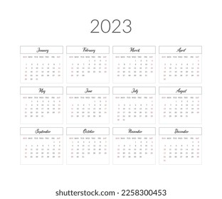 2023 year calendar template. Vector illustration.