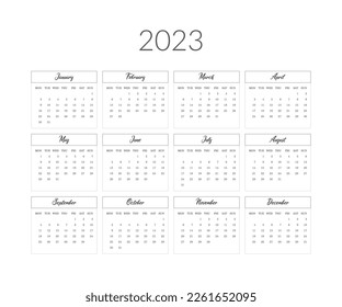 2023 year calendar template. Vector illustration.
