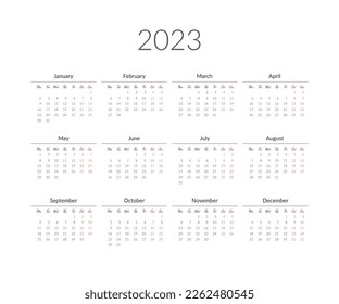 2023 year calendar template. Vector illustration.
