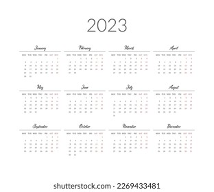 2023 year calendar template. Vector illustration.