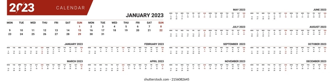 Plantilla de calendario para 2023 años. Diario de planificación con un estilo minimalista. Calendario corporativo y comercial. Organizador. Calendario mensual. Planificador diario.	