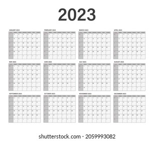 2023 year calendar template.Week starts on Sunday.