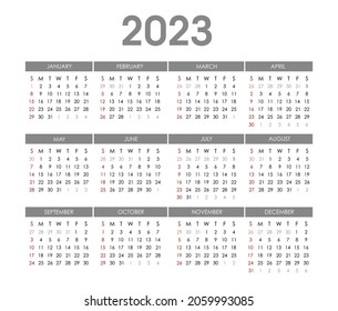 2023 year calendar template.Week starts on Sunday.