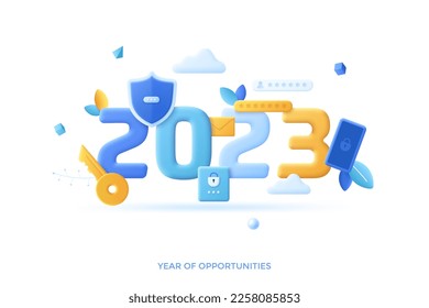 2023 year of cybersecurity improvement opportunities concept composition with 3d items. Sensitive information protection. Digital data safety. Vector illustration for promotion banners and posters