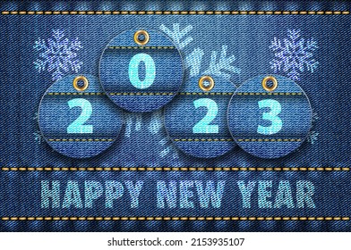 2023 year digits and Happy New Year greetings on blue jeans background. Vector illustration