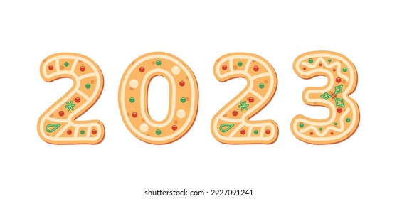 2023 year. Gingerbread 2023. Cookie figures. Lettering, gingerbread font. Flat, cartoon. Isolated vector illustration eps 10 