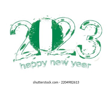 2023 Year in grunge style with flag of Nigeria. Holiday grunge vector illustration.