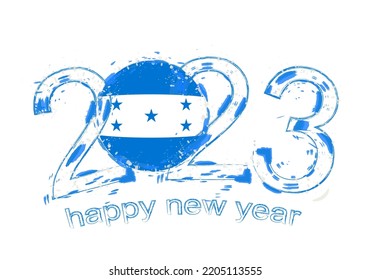 2023 Año en grunge con bandera de Honduras. Ilustración vectorial de grunge de vacaciones.