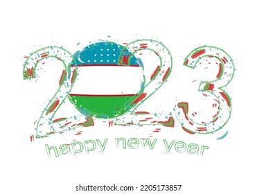 2023 Year in grunge style with flag of Uzbekistan. Holiday grunge vector illustration.