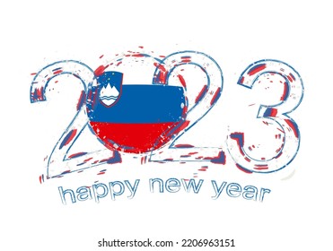2023 Year in grunge style with flag of Slovenia. Holiday grunge vector illustration.