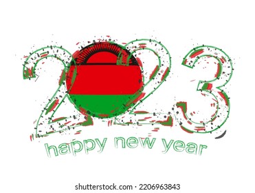 2023 Year in grunge style with flag of Malawi. Holiday grunge vector illustration.