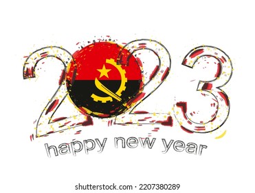 2023 Year in grunge style with flag of Angola. Holiday grunge vector illustration.
