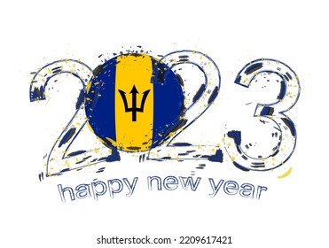 2023 Year in grunge style with flag of Barbados. Holiday grunge vector illustration.