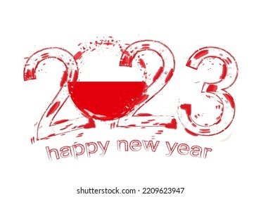 2023 Year in grunge style with flag of Poland. Holiday grunge vector illustration.