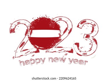 2023 Year in grunge style with flag of Latvia. Holiday grunge vector illustration.
