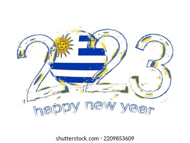 2023 Year in grunge style with flag of Uruguay. Holiday grunge vector illustration.