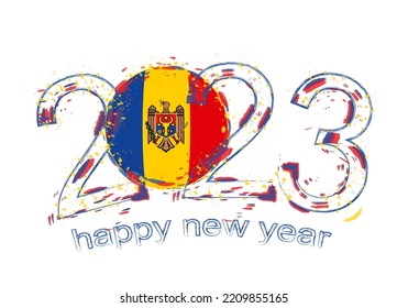 2023 Year in grunge style with flag of Moldova. Holiday grunge vector illustration.