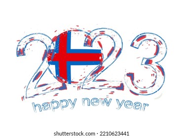 2023 Year in grunge style with flag of Faroe Islands. Holiday grunge vector illustration.