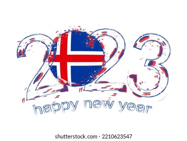 2023 Year in grunge style with flag of Iceland. Holiday grunge vector illustration.