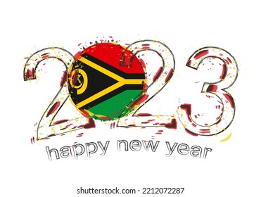 2023 Year in grunge style with flag of Vanuatu. Holiday grunge vector illustration.