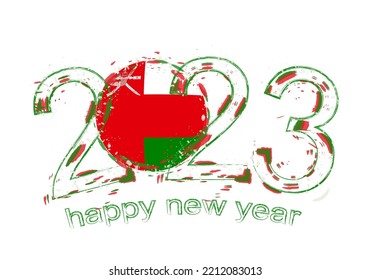 2023 Year in grunge style with flag of Oman. Holiday grunge vector illustration.