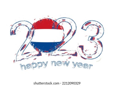 2023 Year in grunge style with flag of Netherlands. Holiday grunge vector illustration.