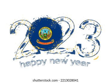 2023 Year in grunge style with flag of Idaho. Holiday grunge vector illustration.