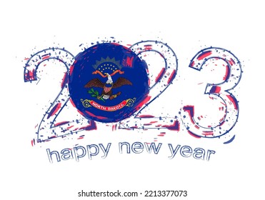 2023 Year in grunge style with flag of North Dakota. Holiday grunge vector illustration.