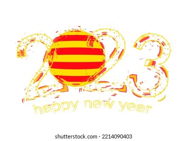 2023 Year in grunge style with flag of Catalonia. Holiday grunge vector illustration.