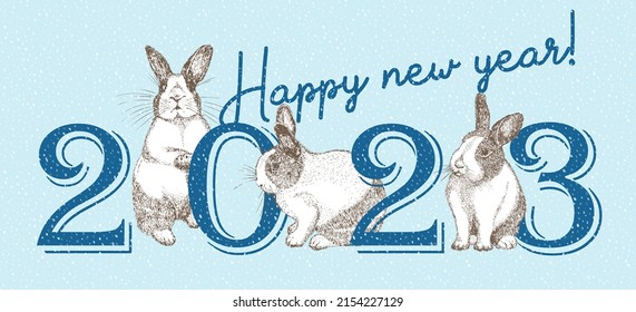 2023 year of hare holiday banner White rabbit with black spots around the eyes. Chinese New Year Symbol. New year greeting card in blue color. Hand drawn Enaving sketch. Vector illustration