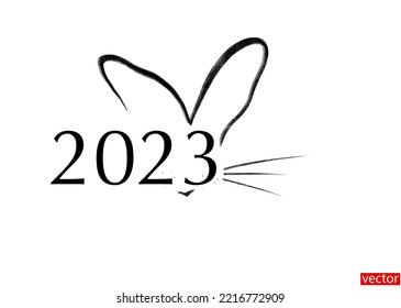 2023. Year of the hare. Symbol of the new year 2023. Black and white drawing. Silhouette of a hare isolated on a white background with a blank copy space. Design element. Template. Vector