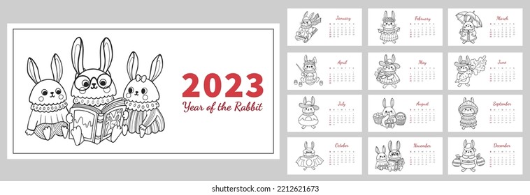 2023 year horizontal calendar template with cute outline bunny. Rabbit cartoon character. Chinese new year symbol and mascot. Coloring book for children activity, print, vector illustration.