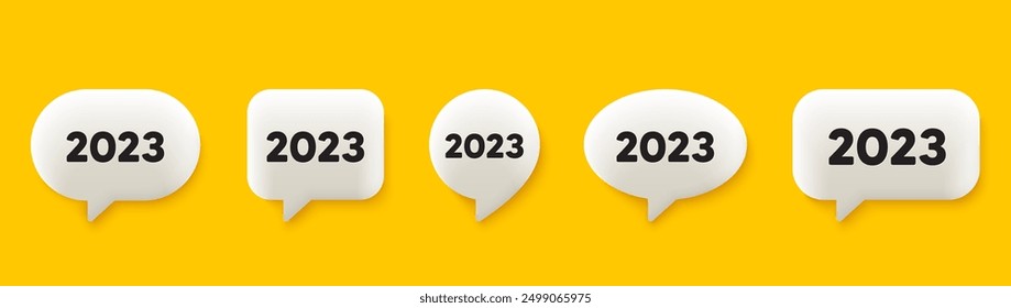 2023 year icon. 3d chat speech bubbles set. Event schedule annual date. 2022 annum planner. 2023 talk speech message. Talk box infographics. Vector