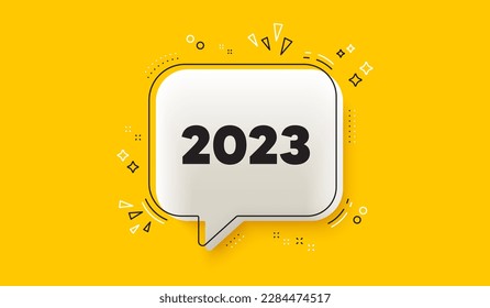 2023 year icon. 3d speech bubble yellow banner. Event schedule annual date. 2022 annum planner. 2023 chat speech bubble message. Talk box infographics. Vector