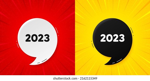 2023 year icon. Flash offer banner with quote. Event schedule annual date. 2022 annum planner. Starburst beam banner. 2023 year speech bubble. Vector