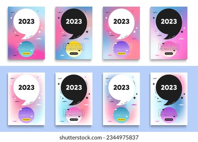 Icono de 2023 año. Marco del afiche con cita. Fecha anual del programa de eventos. Planificador de 2022 anum. Mensaje de volante 2023 con coma. Afiches de fondo de desenfoque degradado. Vector
