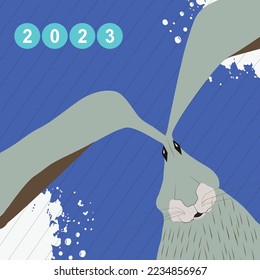 2023 year illustration. Vector rabbit 
 Art. Blue background 