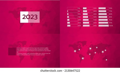 2023 year infographics, 5 to 100 percentage, map pointers. Triangle background for landing page, web, template, sample, global presentation, business elements