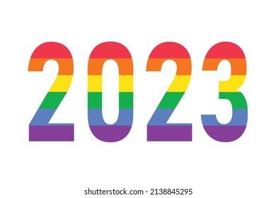 Logo de 2023 años con colores de bandera LGBTQ arcoiris aislados en blanco. Símbolo vector del mes del orgullo gay LGBTQ, mes de la historia.