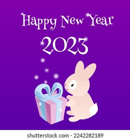 2023 Year New Year s rabbit character Illustration. rabbit with a gift for the new year. Postcard. Vector illustration. Flat style.