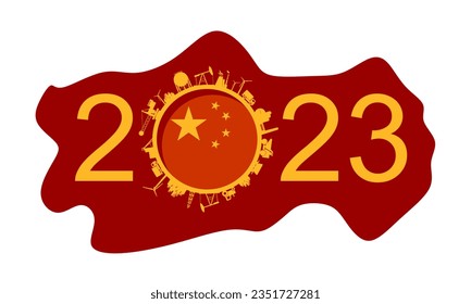 2023 year number with industrial icons around zero digit. National flag of China